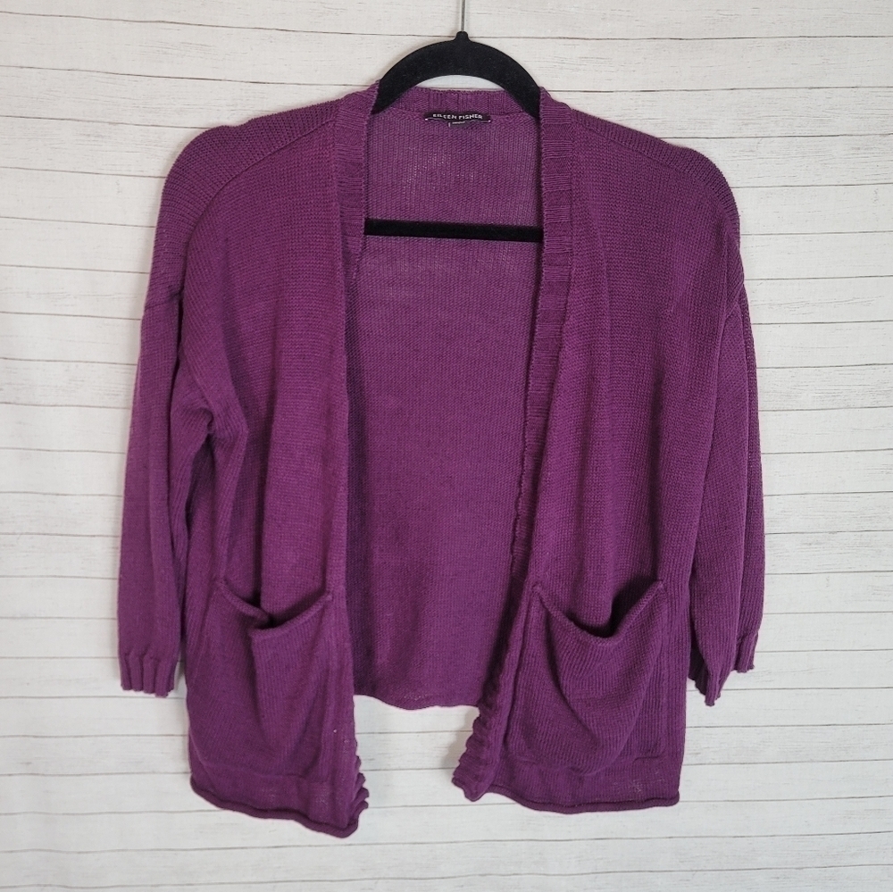 EILEEN FISHER ORGANIC BLEND PURPLE CROPPED CARDIGAN, SZ PP/XS